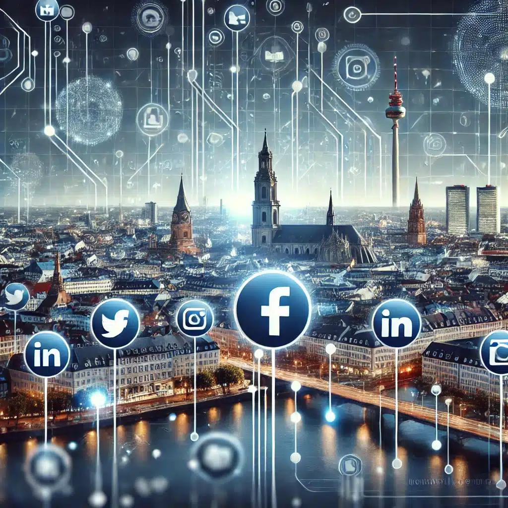 Social Media Symbole um das Stadtbild von Wiesbaden, verknüpft durch digitale Netzwerke, die die Wichtigkeit von Social Media für Unternehmen darstellen.